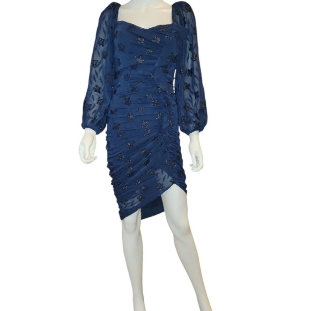 Astr Navy Blue Ruched Sheer-Embellished Long Sleeve Dress